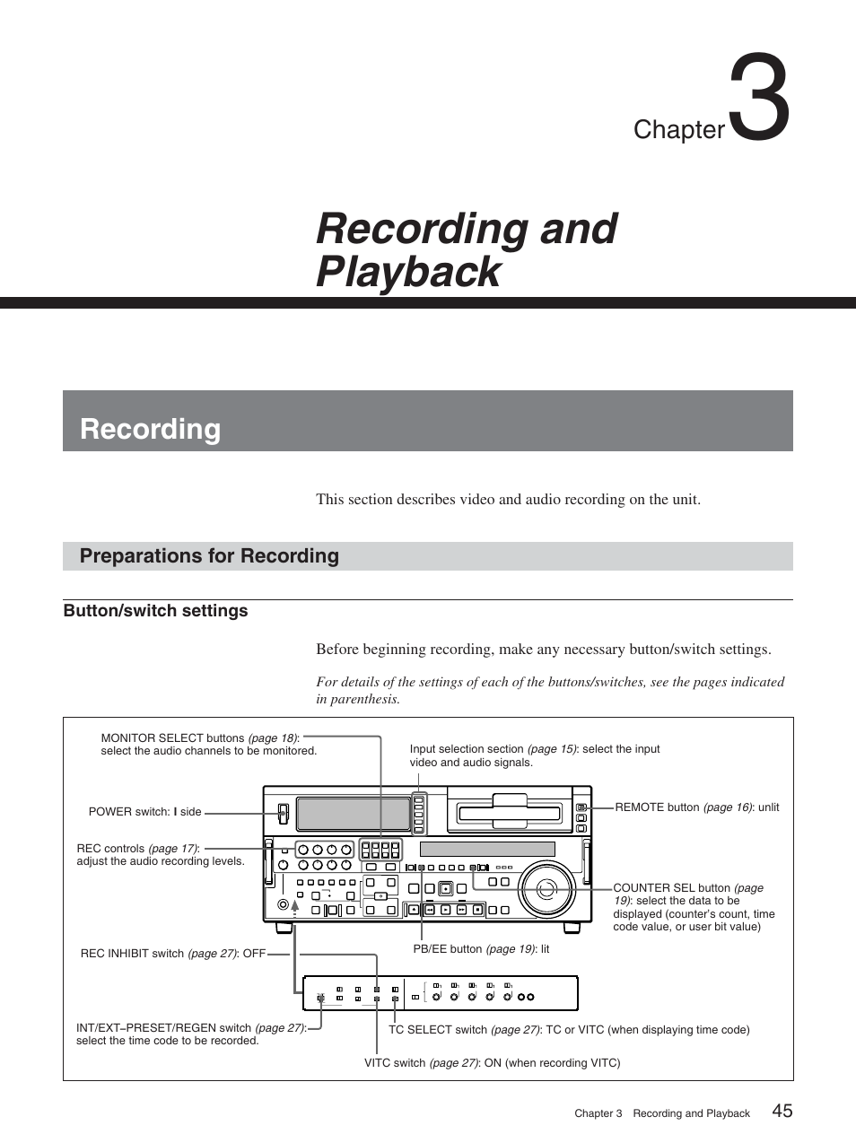 Chapter 3 recording and playback, Recording, Preparations for recording | Recording and playback, Chapter | Sony DSR-2000A User Manual | Page 45 / 150