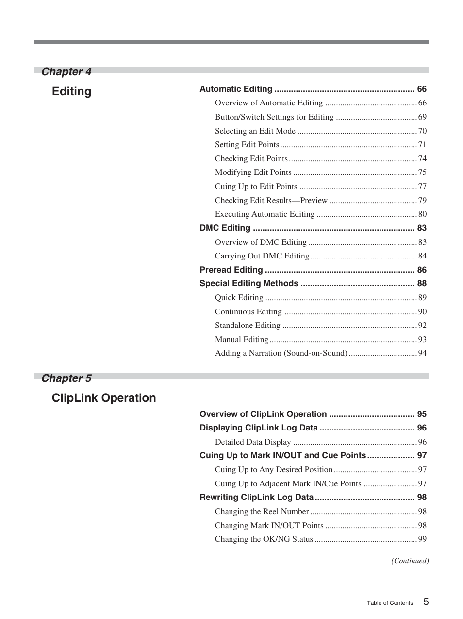 Editing, Cliplink operation, Chapter 4 | Chapter 5 | Sony DSR-2000A User Manual | Page 5 / 150