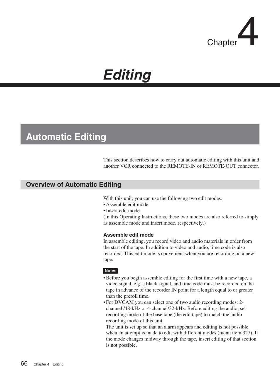 Chapter 4 editing, Automatic editing, Overview of automatic editing | Editing | Sony DSR-2000A User Manual | Page 66 / 150
