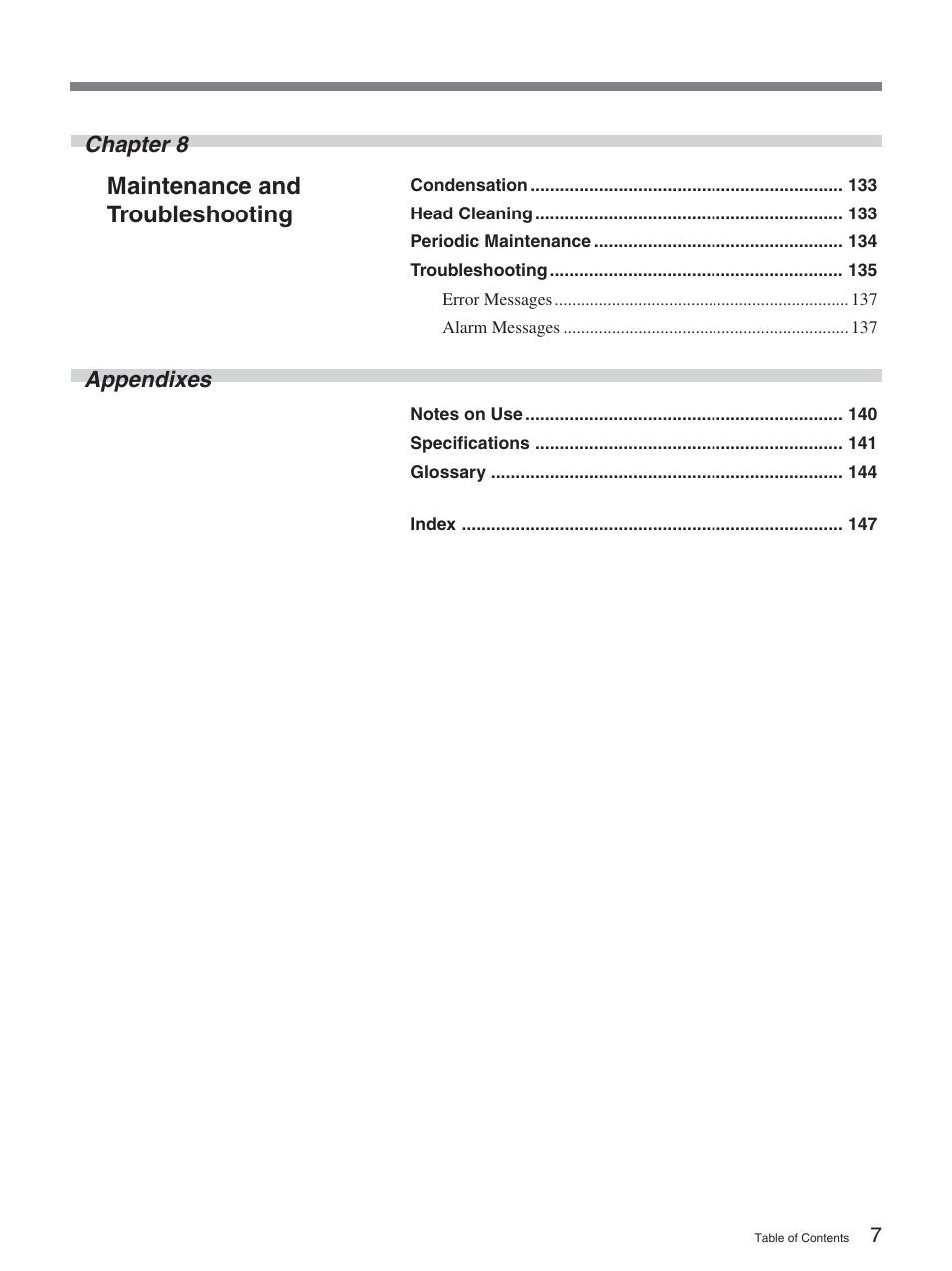 Maintenance and troubleshooting, Chapter 8, Appendixes | Sony DSR-2000A User Manual | Page 7 / 150