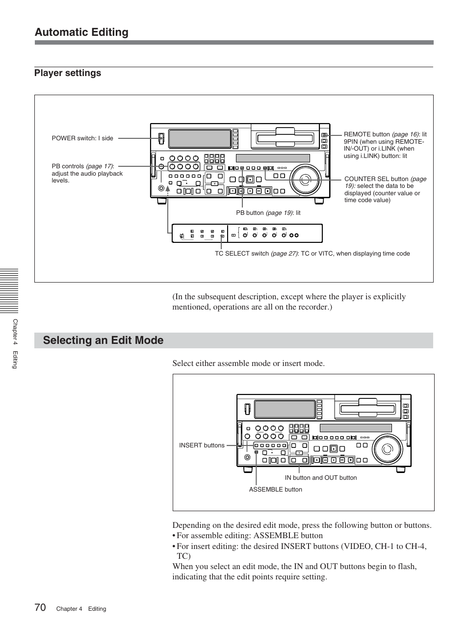 Selecting an edit mode, Automatic editing, Player settings | Sony DSR-2000A User Manual | Page 70 / 150