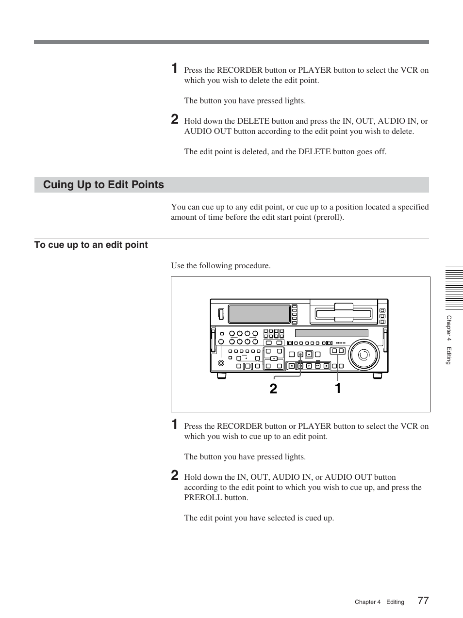 Cuing up to edit points | Sony DSR-2000A User Manual | Page 77 / 150
