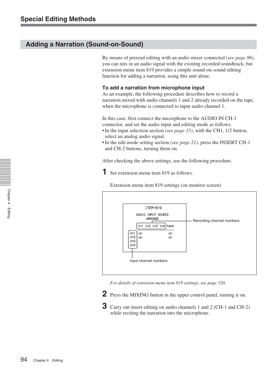 Adding a narration (sound-on-sound), Special editing methods | Sony DSR-2000A User Manual | Page 94 / 150