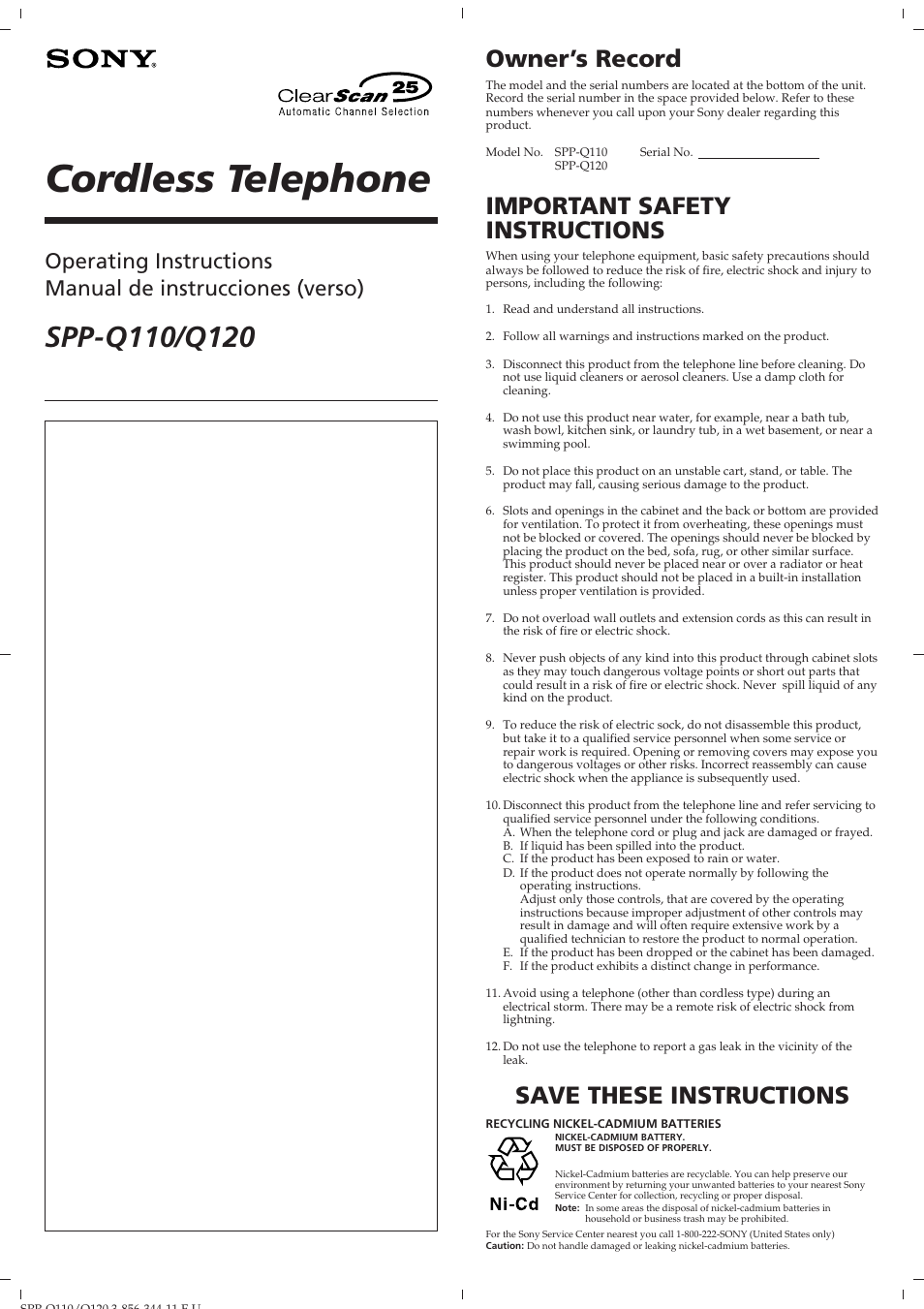 Sony SPP-Q110 User Manual | 8 pages