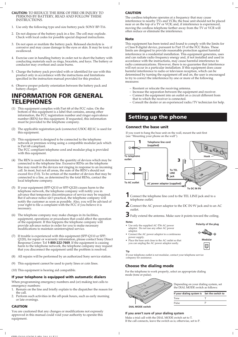 Information for general telephones, Setting up the phone | Sony SPP-Q110 User Manual | Page 2 / 8