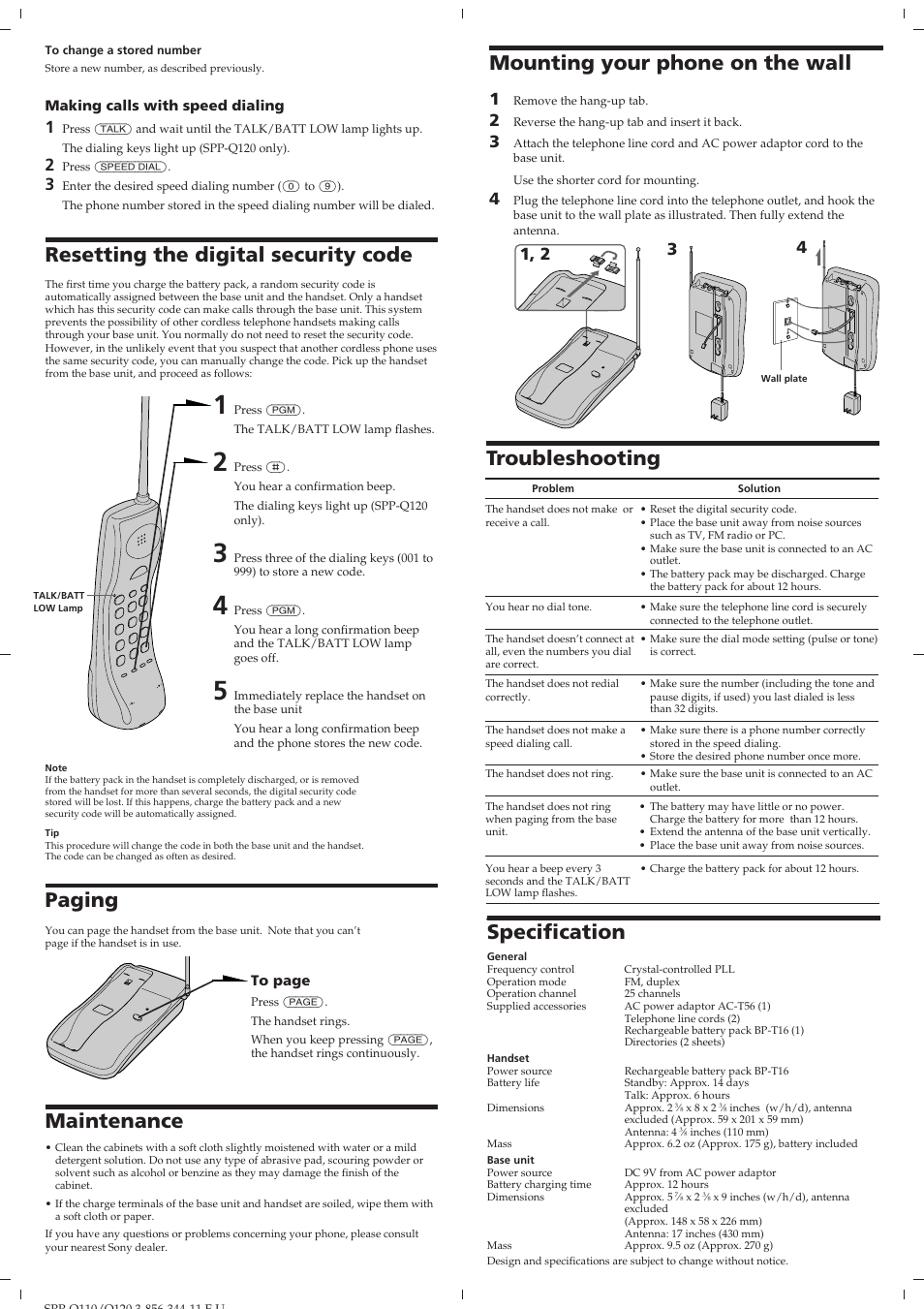 Mounting your phone on the wall, Troubleshooting, Specification | Resetting the digital security code, Paging, Maintenance | Sony SPP-Q110 User Manual | Page 4 / 8