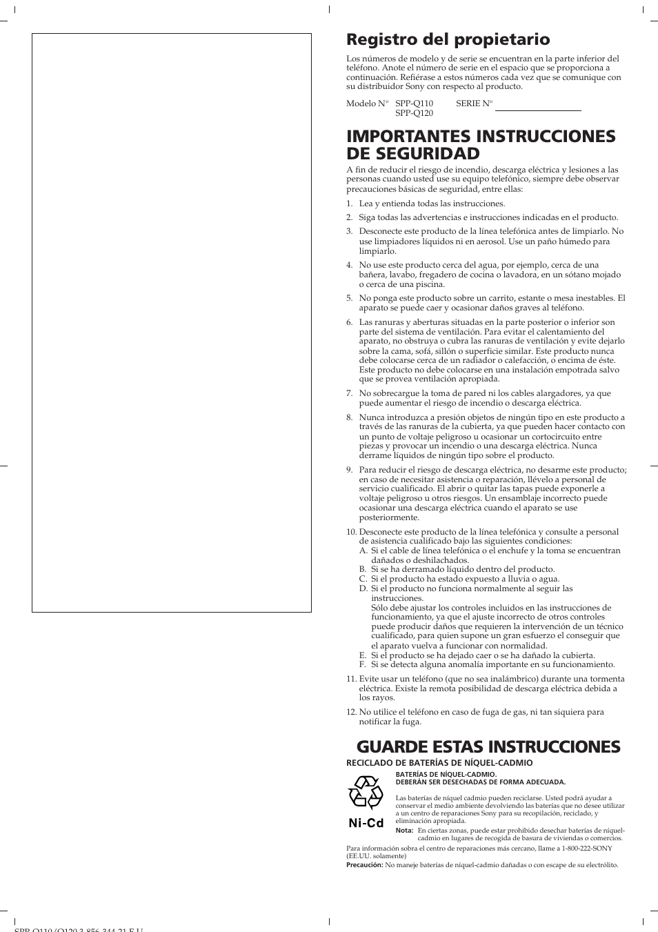 Importantes instrucciones de seguridad, Guarde estas instrucciones, Registro del propietario | Sony SPP-Q110 User Manual | Page 5 / 8