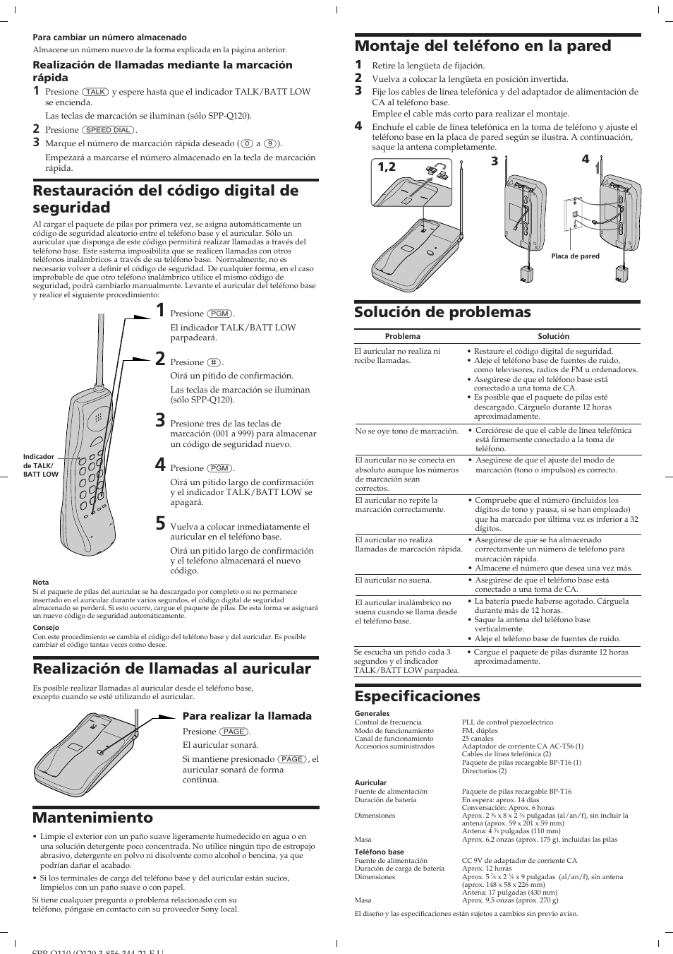 Recepción de llamadas, Restauración del código digital de seguridad, Realización de llamadas al auricular | Montaje del teléfono en la pared, Solución de problemas, Especificaciones, Mantenimiento | Sony SPP-Q110 User Manual | Page 8 / 8