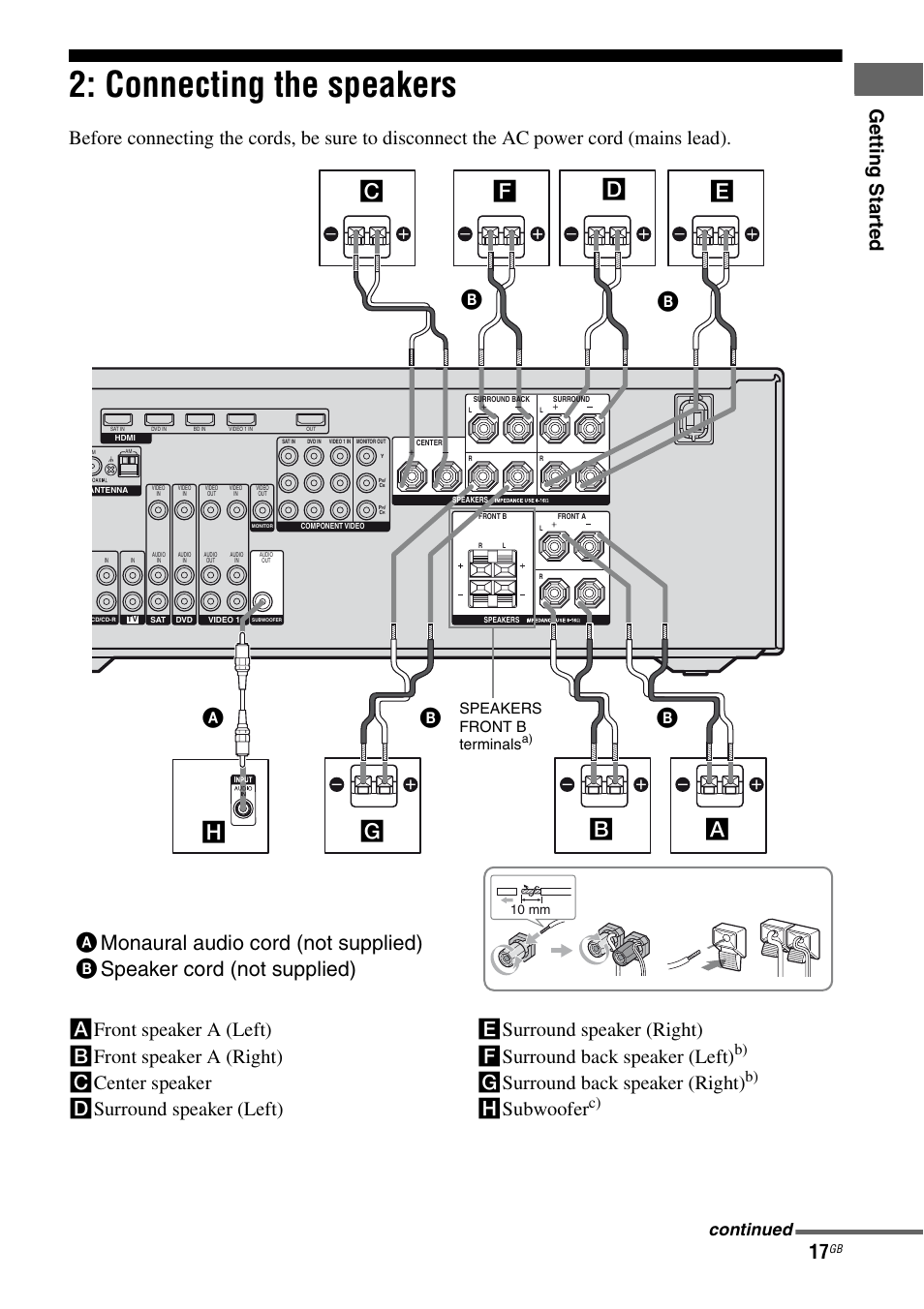 Connecting the speakers, Db c b b, Ge tting star te d | Gsurround back speaker (right), Hsubwoofer, Continued, Speakers front b terminals | Sony 3-289-450-45(1) User Manual | Page 17 / 100