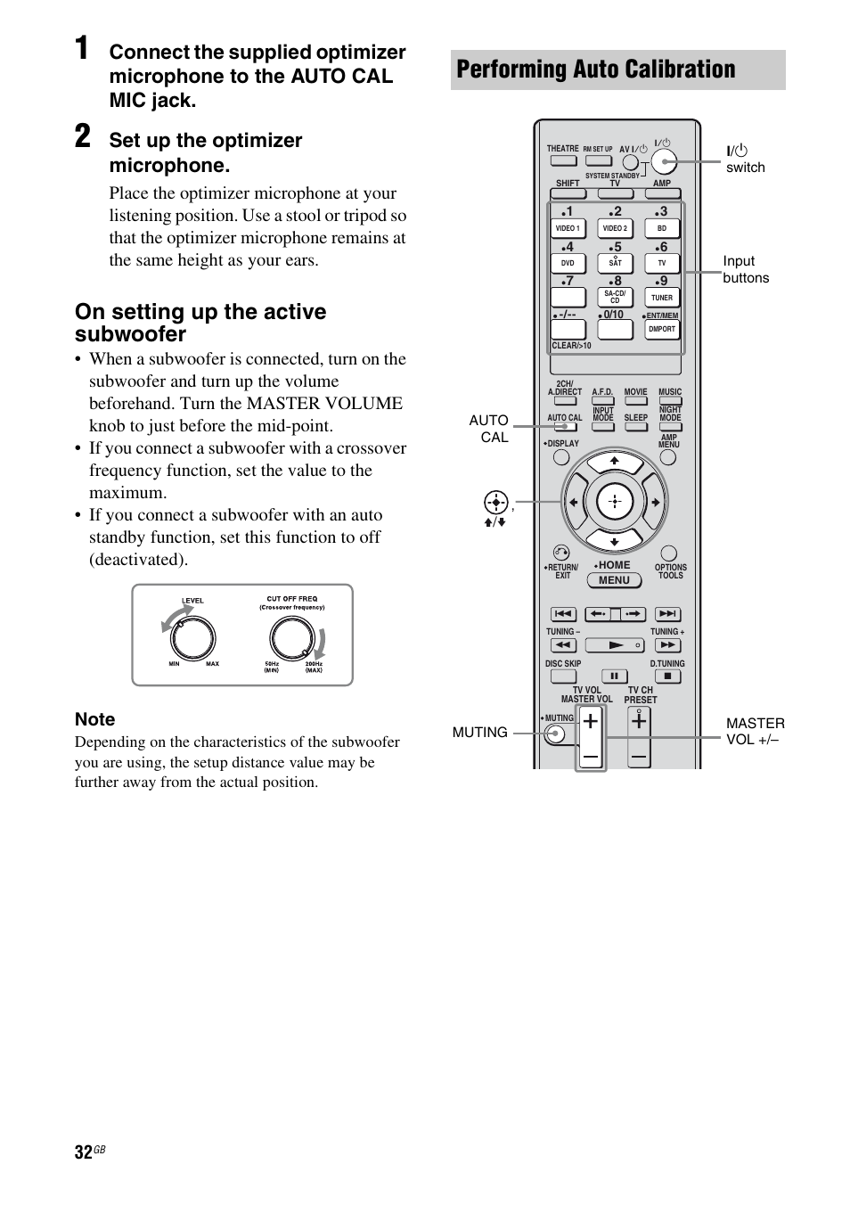 Performing auto calibration, On setting up the active subwoofer, Set up the optimizer microphone | Sony 3-289-450-45(1) User Manual | Page 32 / 100