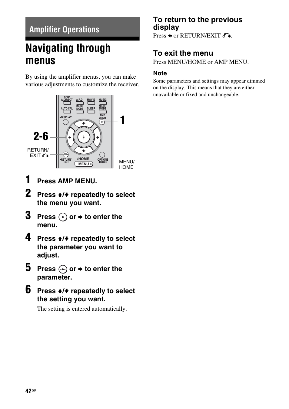 Amplifier operations, Navigating through menus | Sony 3-289-450-45(1) User Manual | Page 42 / 100