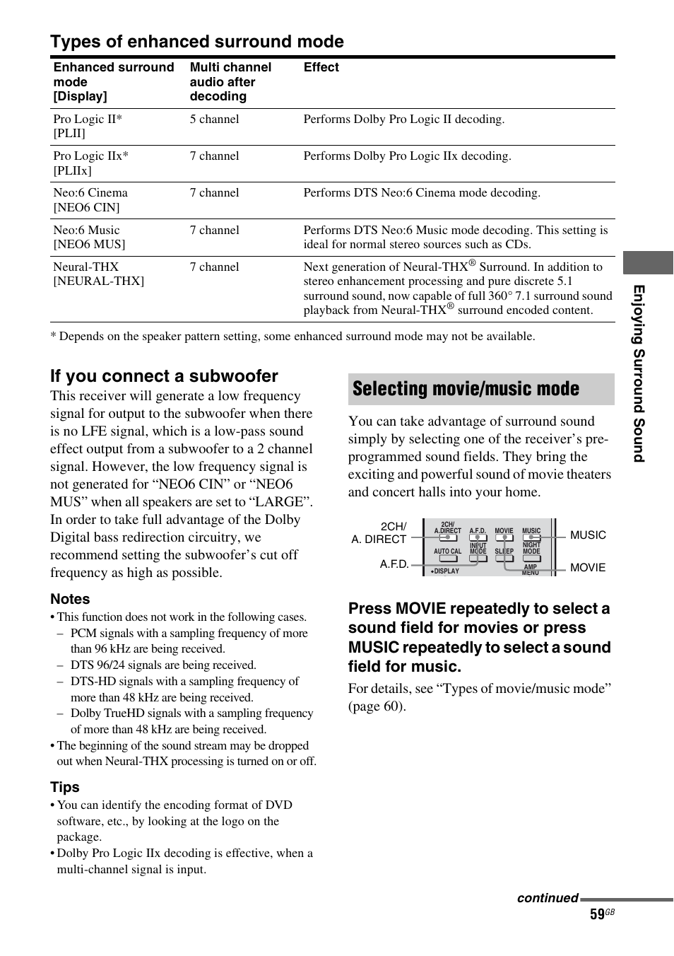 Selecting movie/music mode, Types of enhanced surround mode, If you connect a subwoofer | Sony 3-289-450-45(1) User Manual | Page 59 / 100