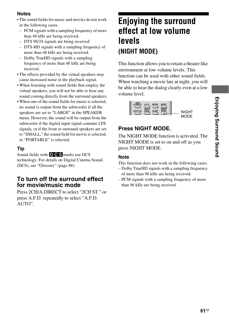 Enjoying the surround effect at low volume, Levels (night mode), Enjoying the surround effect at low volume levels | Night mode), Press night mode | Sony 3-289-450-45(1) User Manual | Page 61 / 100