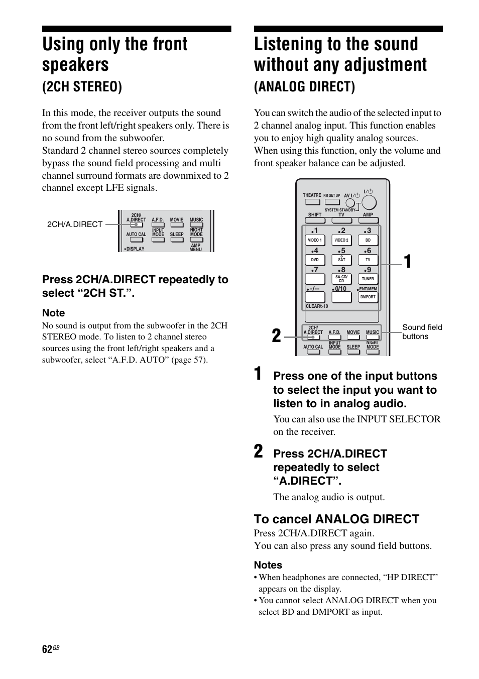 Using only the front speakers (2ch stereo), Using only the front speakers, 2ch stereo) | Listening to the sound without any adjustment, Analog direct), Press 2ch/a.direct repeatedly to select “2ch st, Press 2ch/a.direct repeatedly to select “a.direct, The analog audio is output | Sony 3-289-450-45(1) User Manual | Page 62 / 100