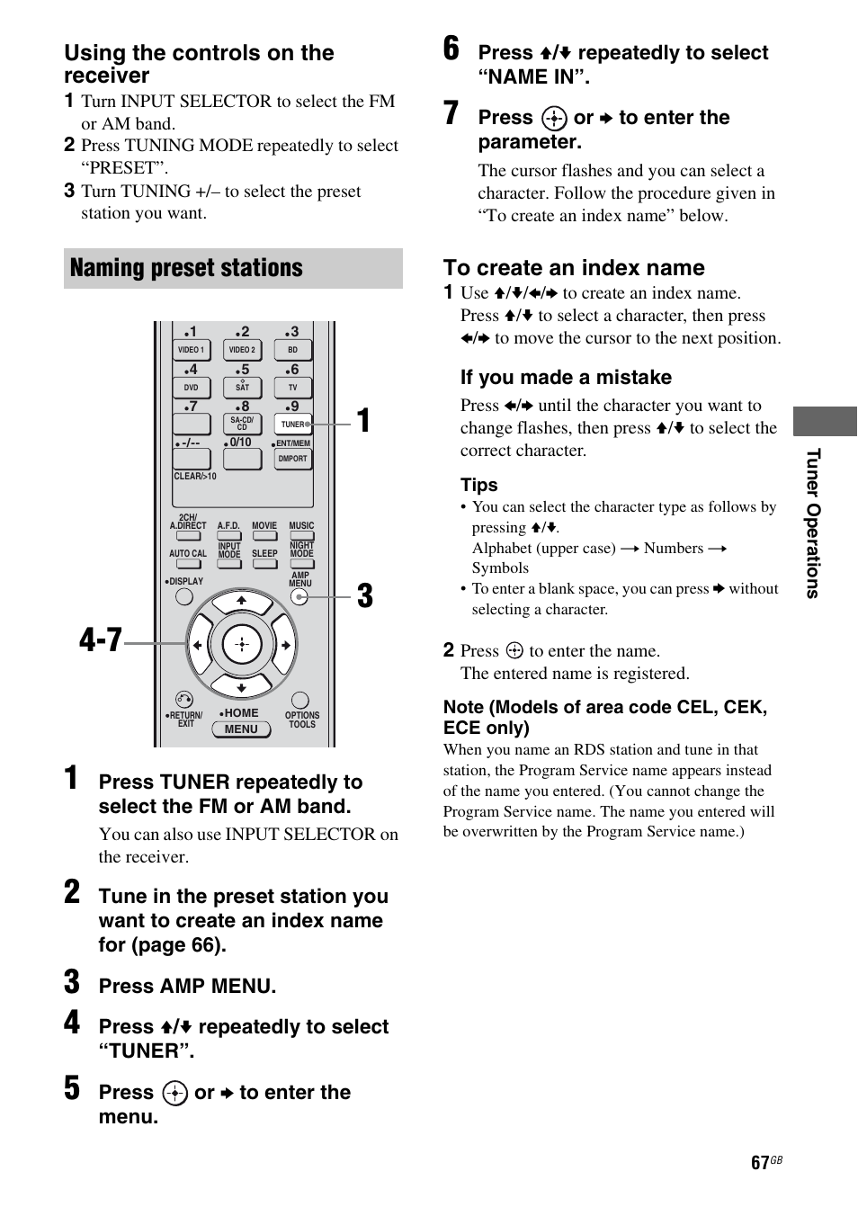 Naming preset stations, Using the controls on the receiver, Press tuner repeatedly to select the fm or am band | Press amp menu, Press v / v repeatedly to select “tuner, Press or b to enter the menu, Press v / v repeatedly to select “name in, Press or b to enter the parameter, If you made a mistake | Sony 3-289-450-45(1) User Manual | Page 67 / 100