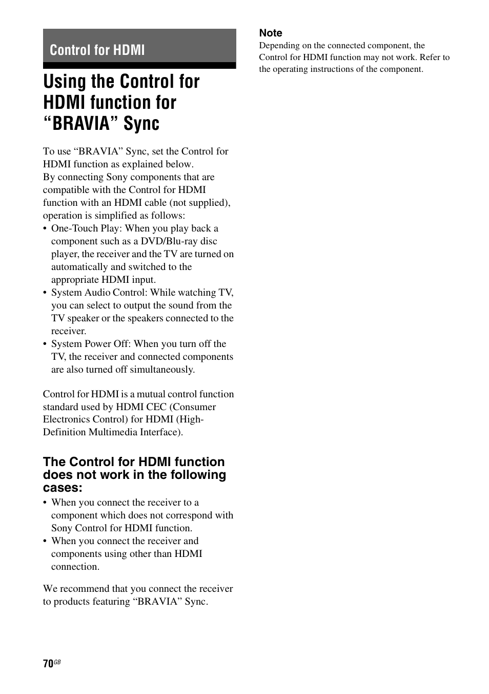 Control for hdmi, Using the control for hdmi function for, Bravia” sync | Sony 3-289-450-45(1) User Manual | Page 70 / 100