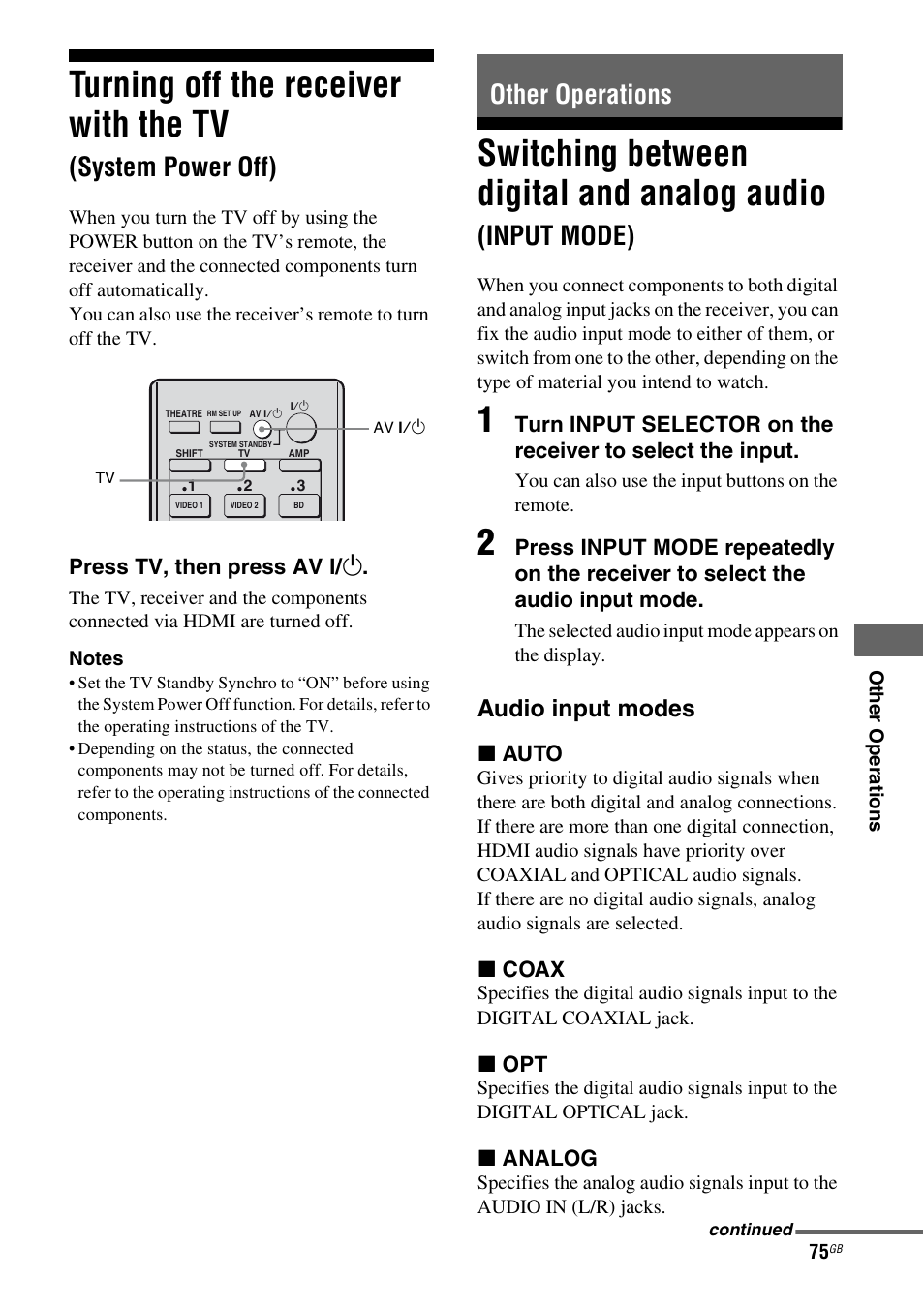 Other operations, Turning off the receiver with the tv, System power off) | Switching between digital and analog audio, Input mode), Audio input modes | Sony 3-289-450-45(1) User Manual | Page 75 / 100