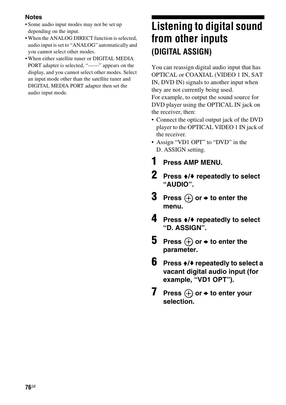 Listening to digital sound from other inputs, Digital assign) | Sony 3-289-450-45(1) User Manual | Page 76 / 100