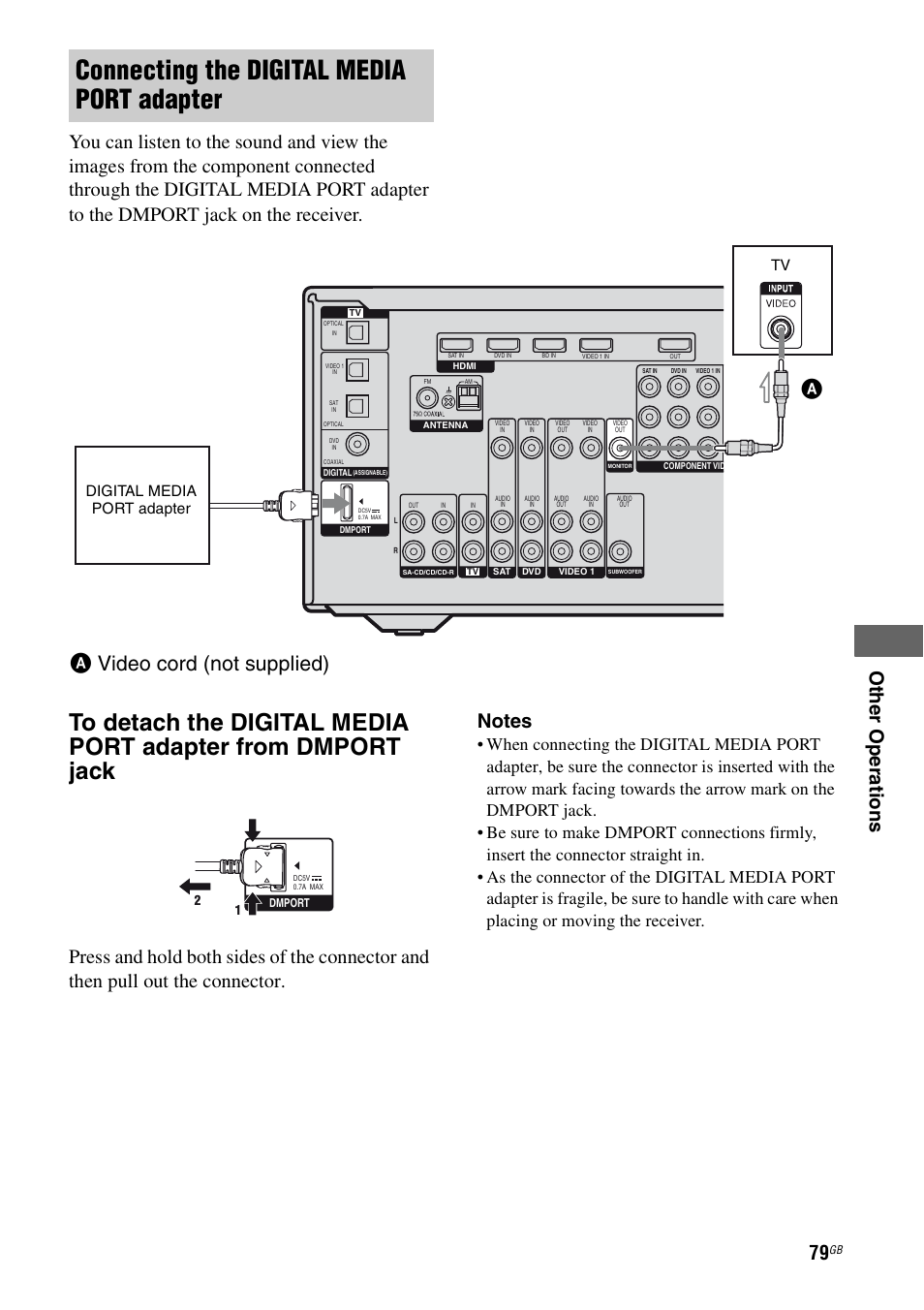 Connecting the digital media port adapter, Avideo cord (not supplied), Tv digital media port adapter | Sony 3-289-450-45(1) User Manual | Page 79 / 100