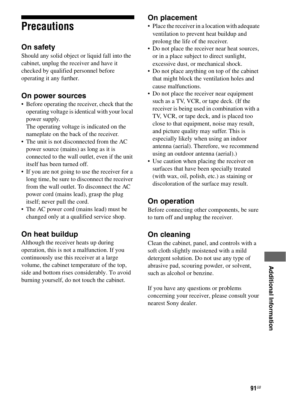 Precautions | Sony 3-289-450-45(1) User Manual | Page 91 / 100