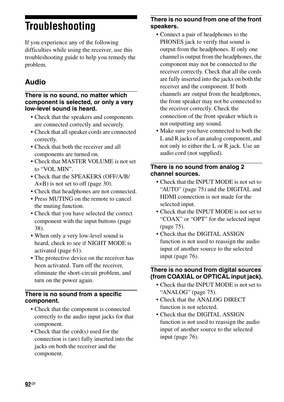 Troubleshooting, Audio | Sony 3-289-450-45(1) User Manual | Page 92 / 100