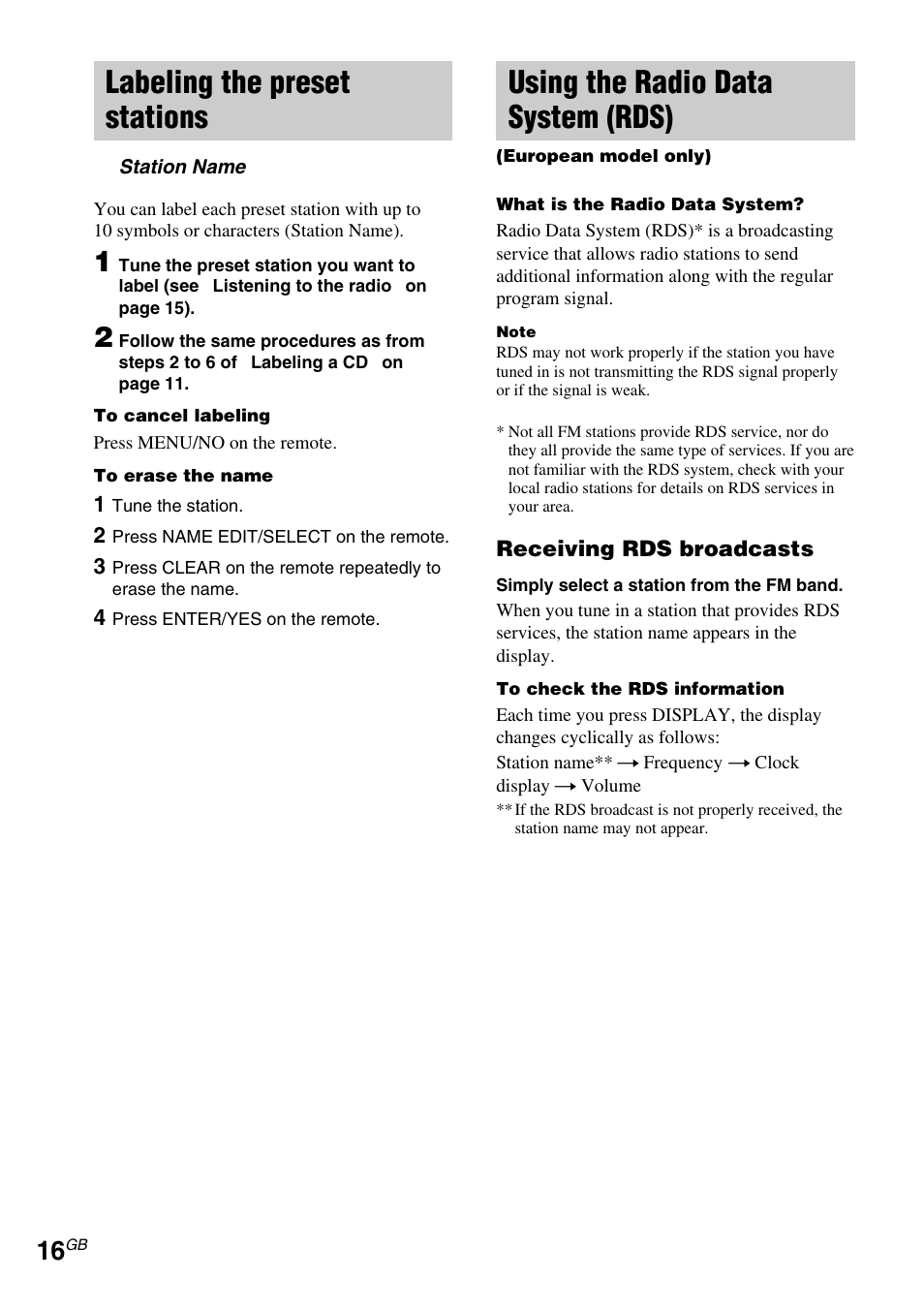 Labeling the preset stations, Station name, Using the radio data system (rds) | Sony CMT-EX5 User Manual | Page 16 / 28