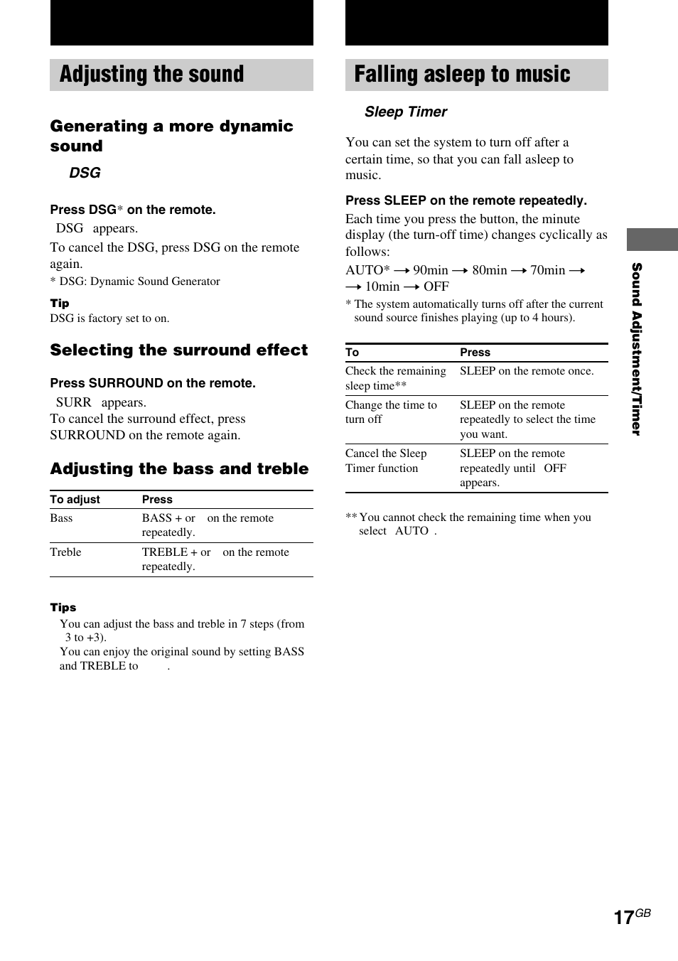 Sound adjustment, Adjusting the sound, Timer | Falling asleep to music, Sleep timer, Generating a more dynamic sound, Selecting the surround effect, Adjusting the bass and treble | Sony CMT-EX5 User Manual | Page 17 / 28