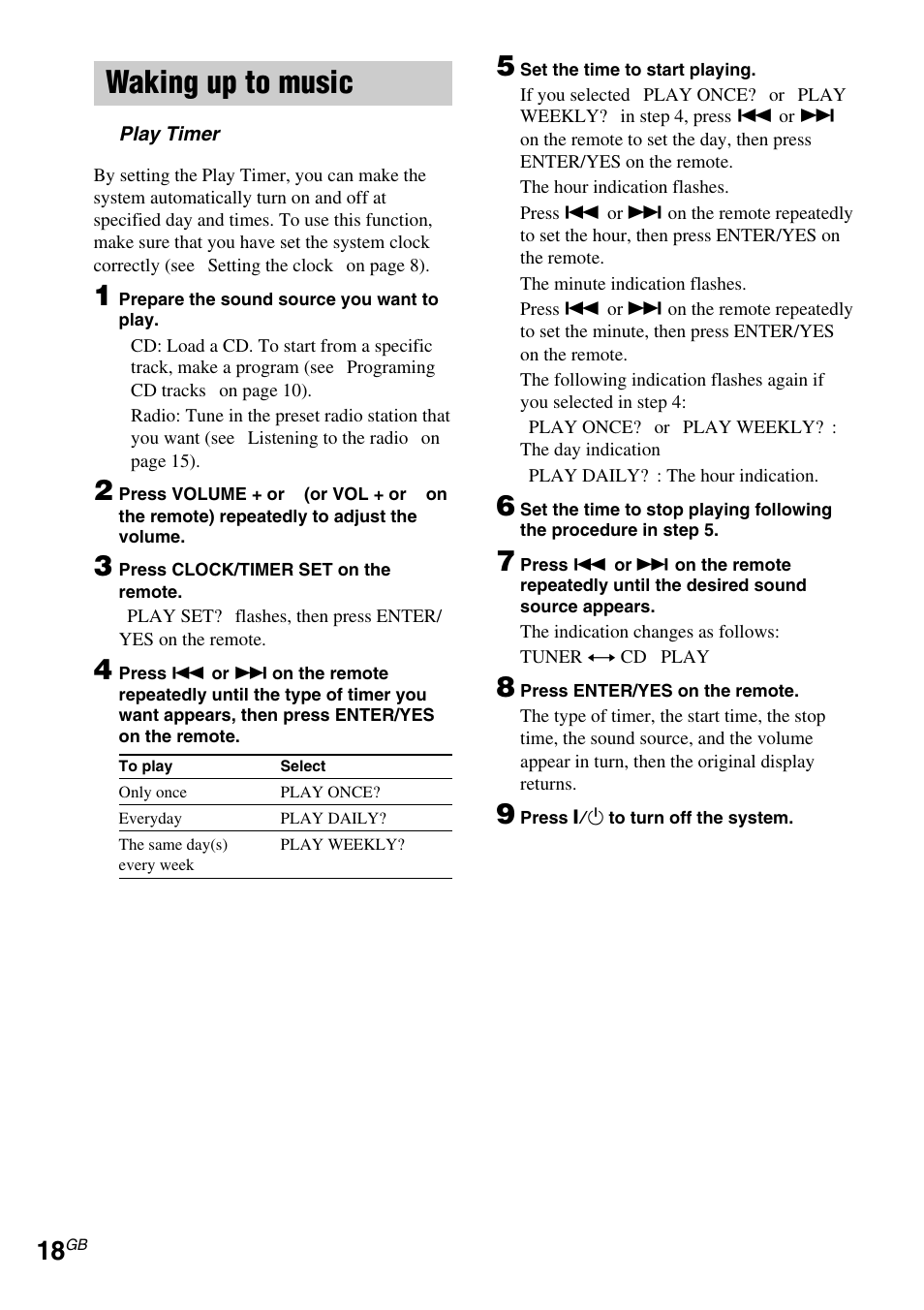 Waking up to music, Play timer | Sony CMT-EX5 User Manual | Page 18 / 28
