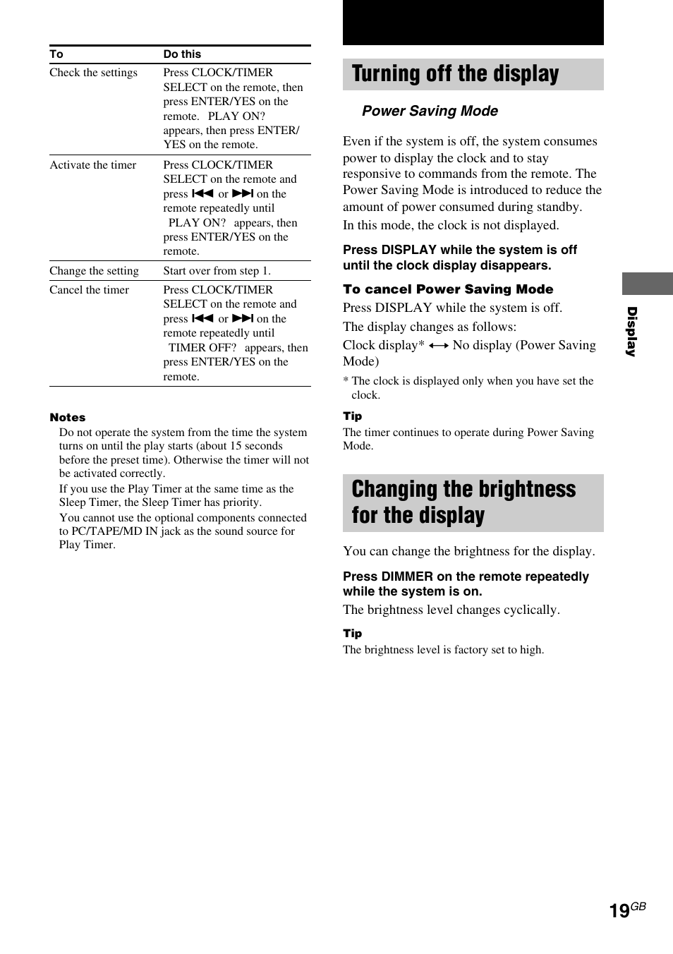 Display, Turning off the display, Power saving mode | Changing the brightness for the display | Sony CMT-EX5 User Manual | Page 19 / 28