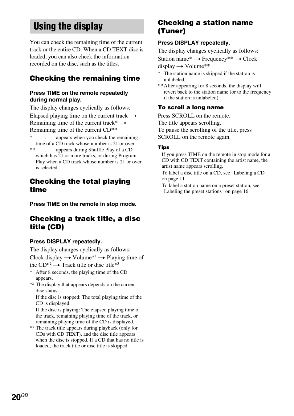 Using the display, Checking the remaining time, Checking the total playing time | Checking a track title, a disc title (cd), Checking a station name (tuner) | Sony CMT-EX5 User Manual | Page 20 / 28