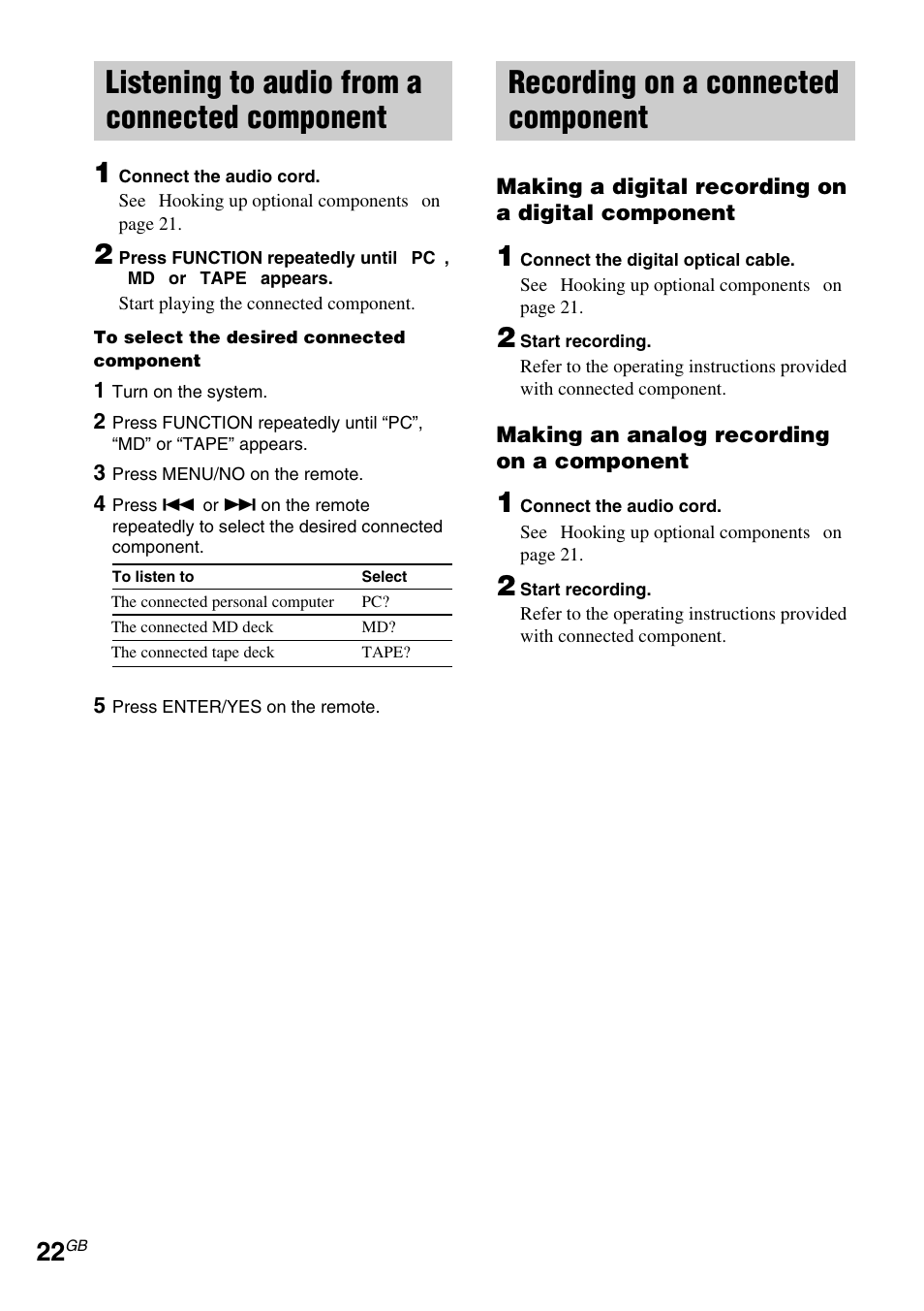 Listening to audio from a connected component, Recording on a connected component | Sony CMT-EX5 User Manual | Page 22 / 28