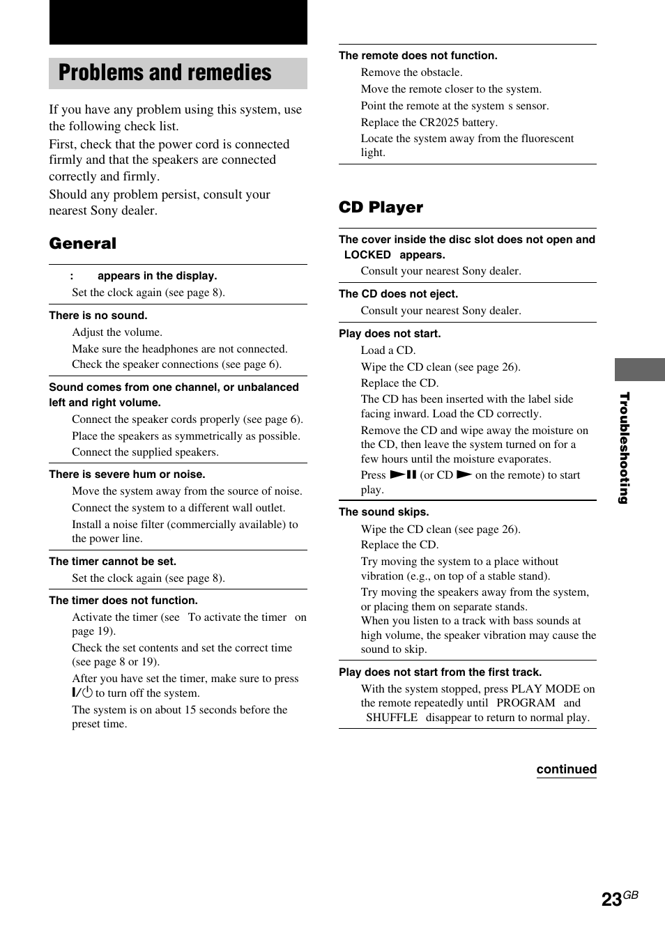 Troubleshooting, Problems and remedies, General | Cd player | Sony CMT-EX5 User Manual | Page 23 / 28