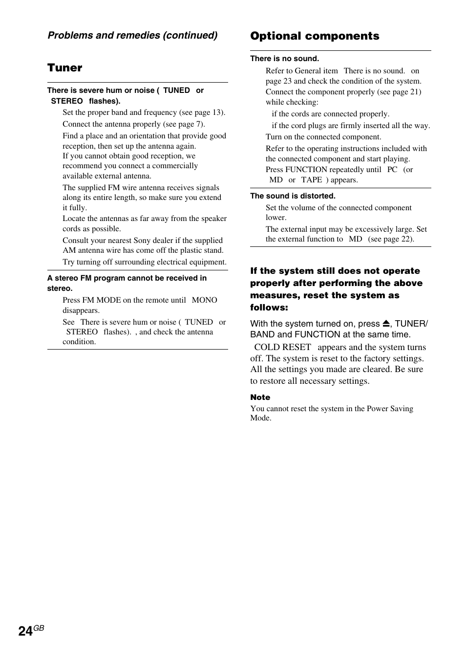 Tuner, Optional components | Sony CMT-EX5 User Manual | Page 24 / 28