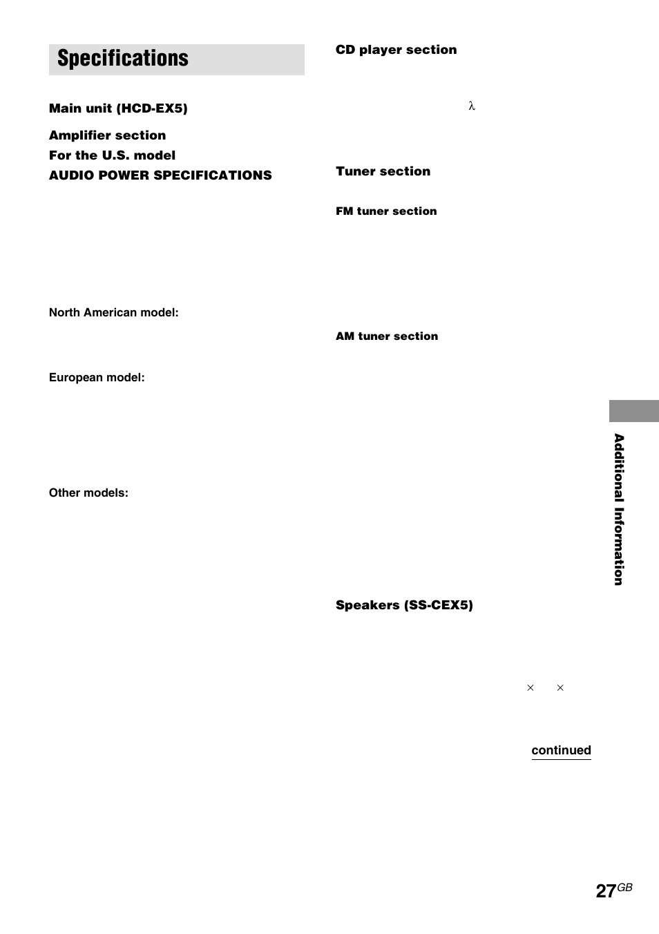 Specifications | Sony CMT-EX5 User Manual | Page 27 / 28