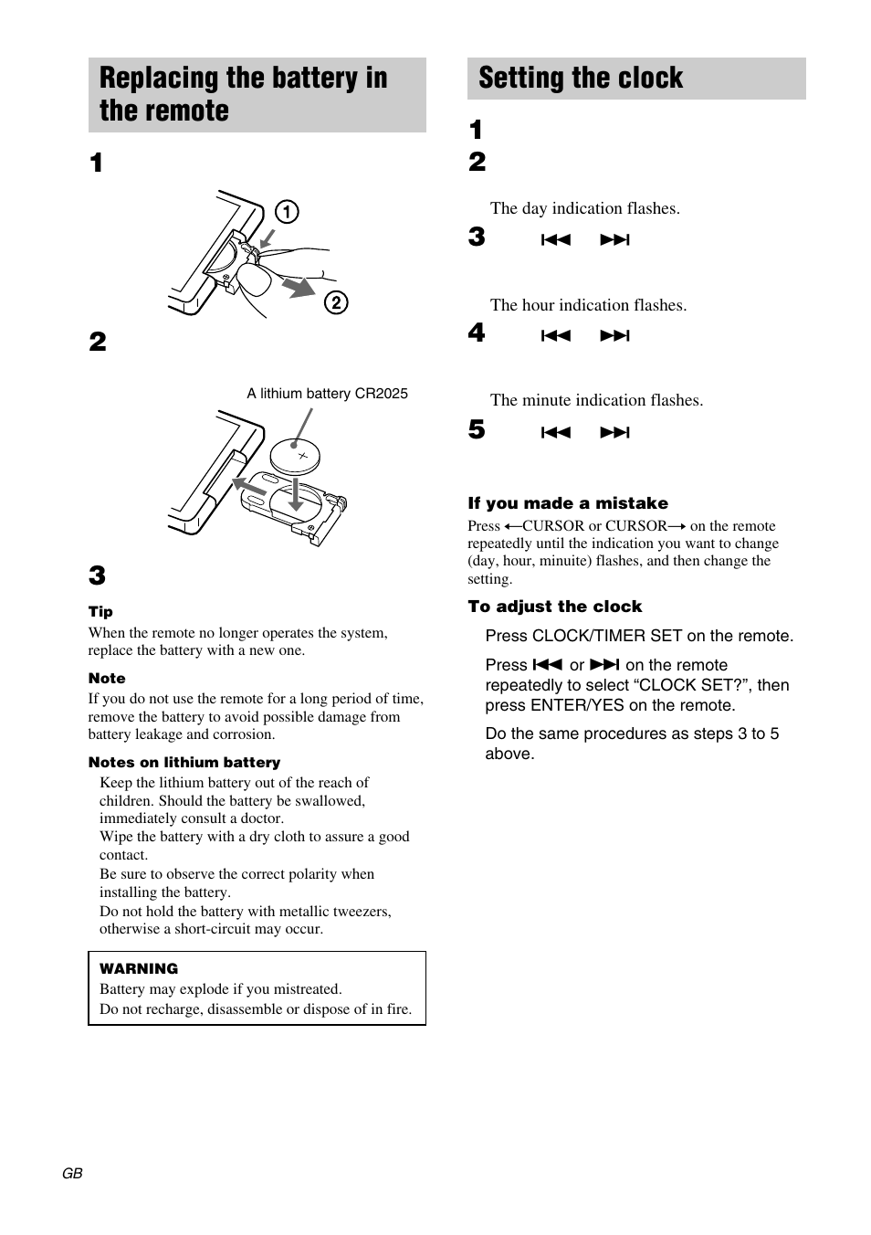 Replacing the battery in the remote, Setting the clock | Sony CMT-EX5 User Manual | Page 8 / 28