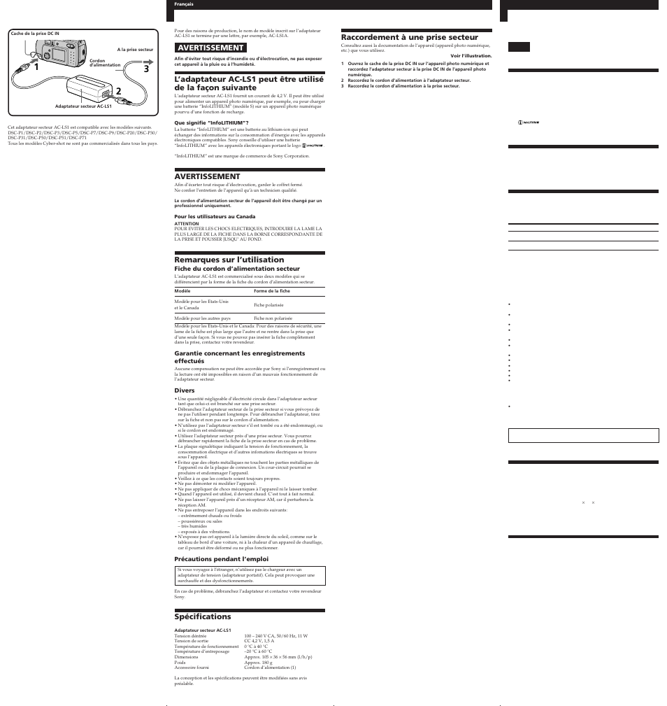 Avertissement, Remarques sur l’utilisation, Spécifications | Raccordement à une prise secteur | Sony AC LS1 User Manual | Page 2 / 2