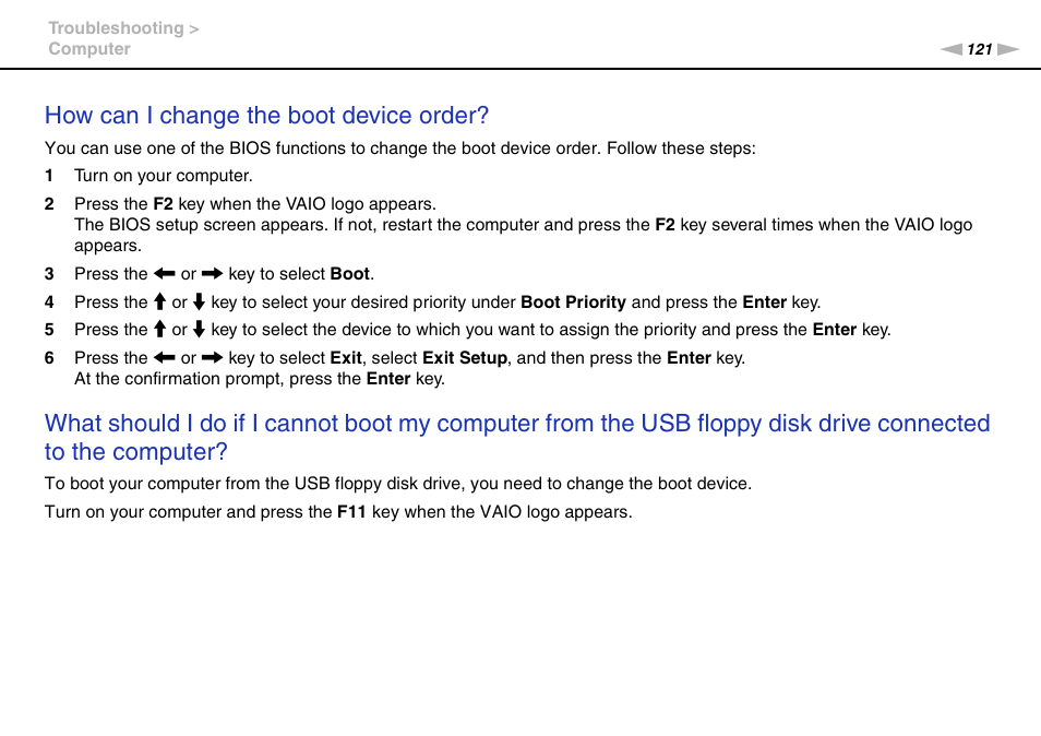 How can i change the boot device order | Sony VAIO VGN-FW User Manual | Page 121 / 159