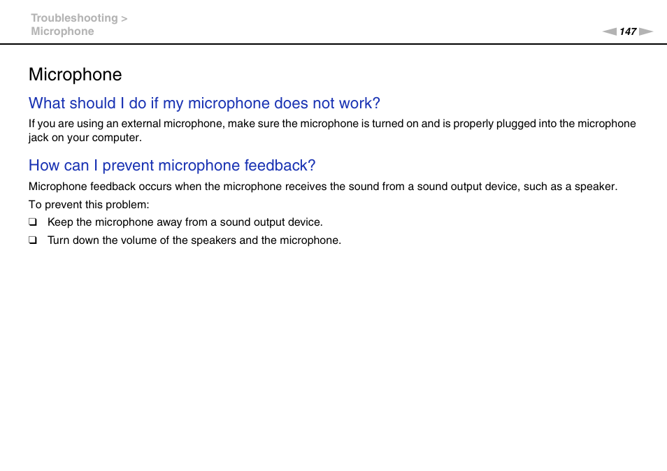 Microphone, What should i do if my microphone does not work, How can i prevent microphone feedback | Sony VAIO VGN-FW User Manual | Page 147 / 159