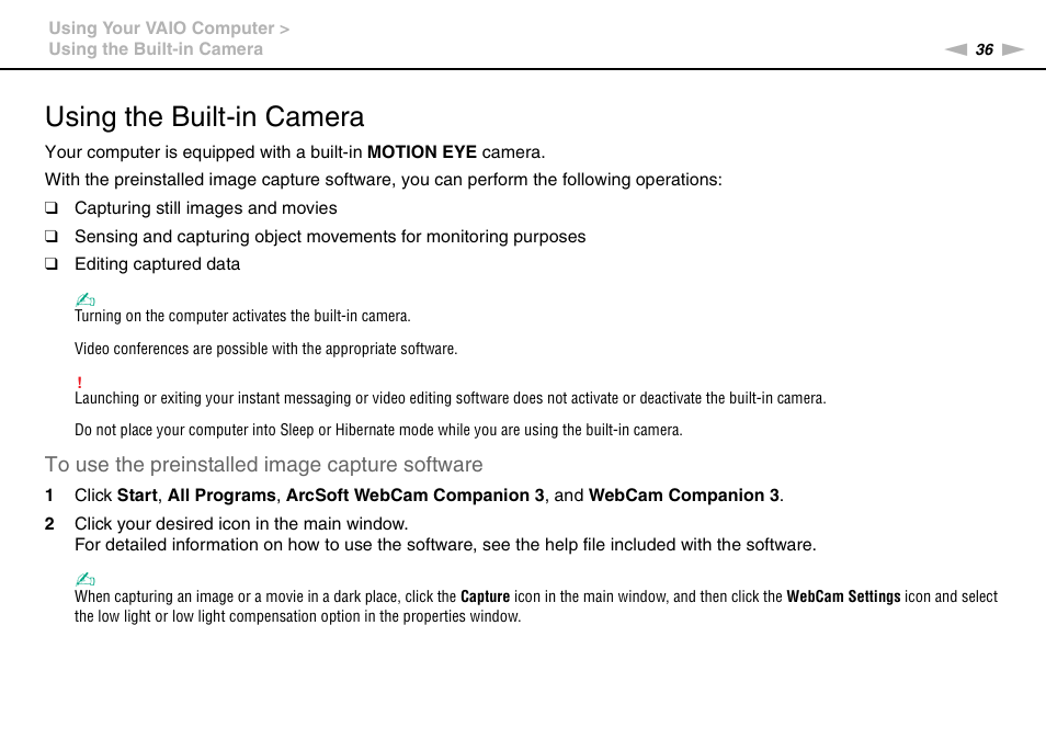 Using the built-in camera | Sony VAIO VGN-FW User Manual | Page 36 / 159