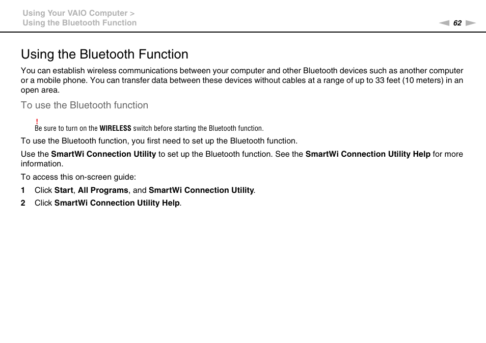 Using the bluetooth function, Tion | Sony VAIO VGN-FW User Manual | Page 62 / 159