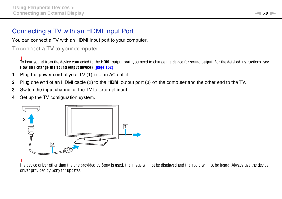 Connecting a tv with an hdmi input port | Sony VAIO VGN-FW User Manual | Page 73 / 159