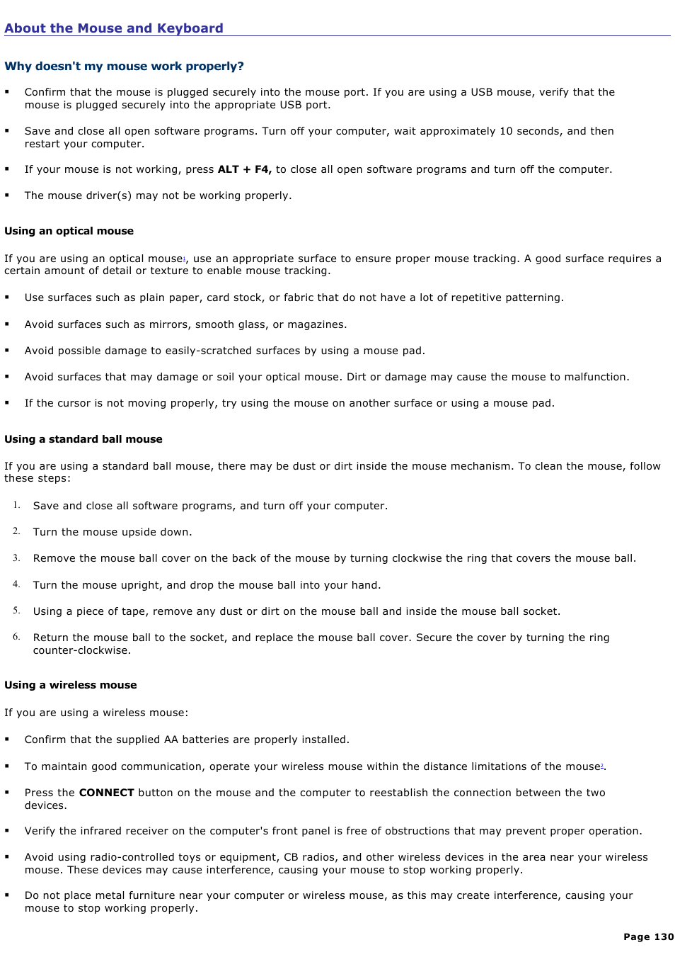 About the mouse and keyboard | Sony VGCRA830 User Manual | Page 130 / 164