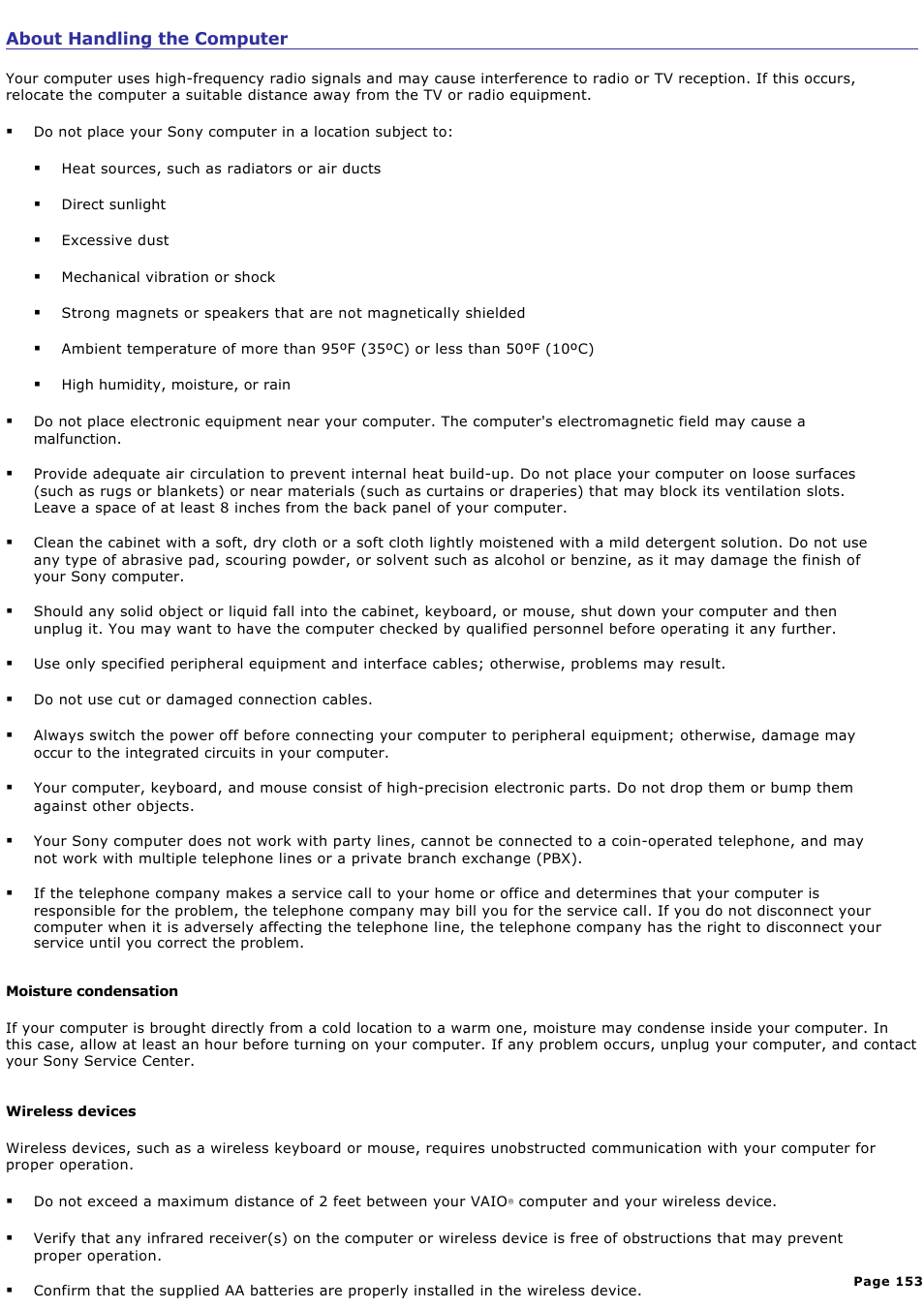 About handling the computer | Sony VGCRA830 User Manual | Page 153 / 164