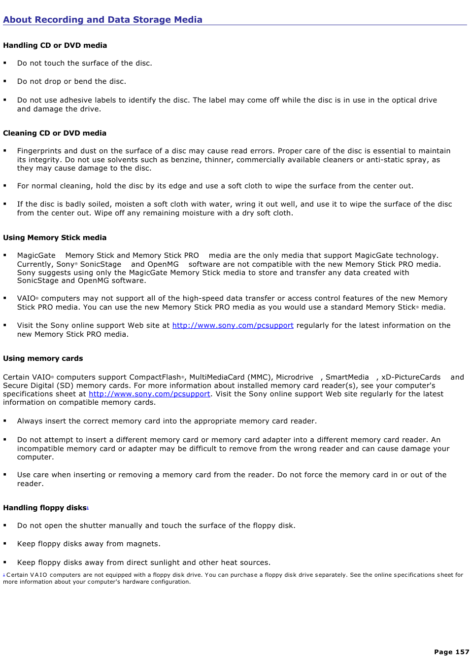 About recording and data storage media | Sony VGCRA830 User Manual | Page 157 / 164