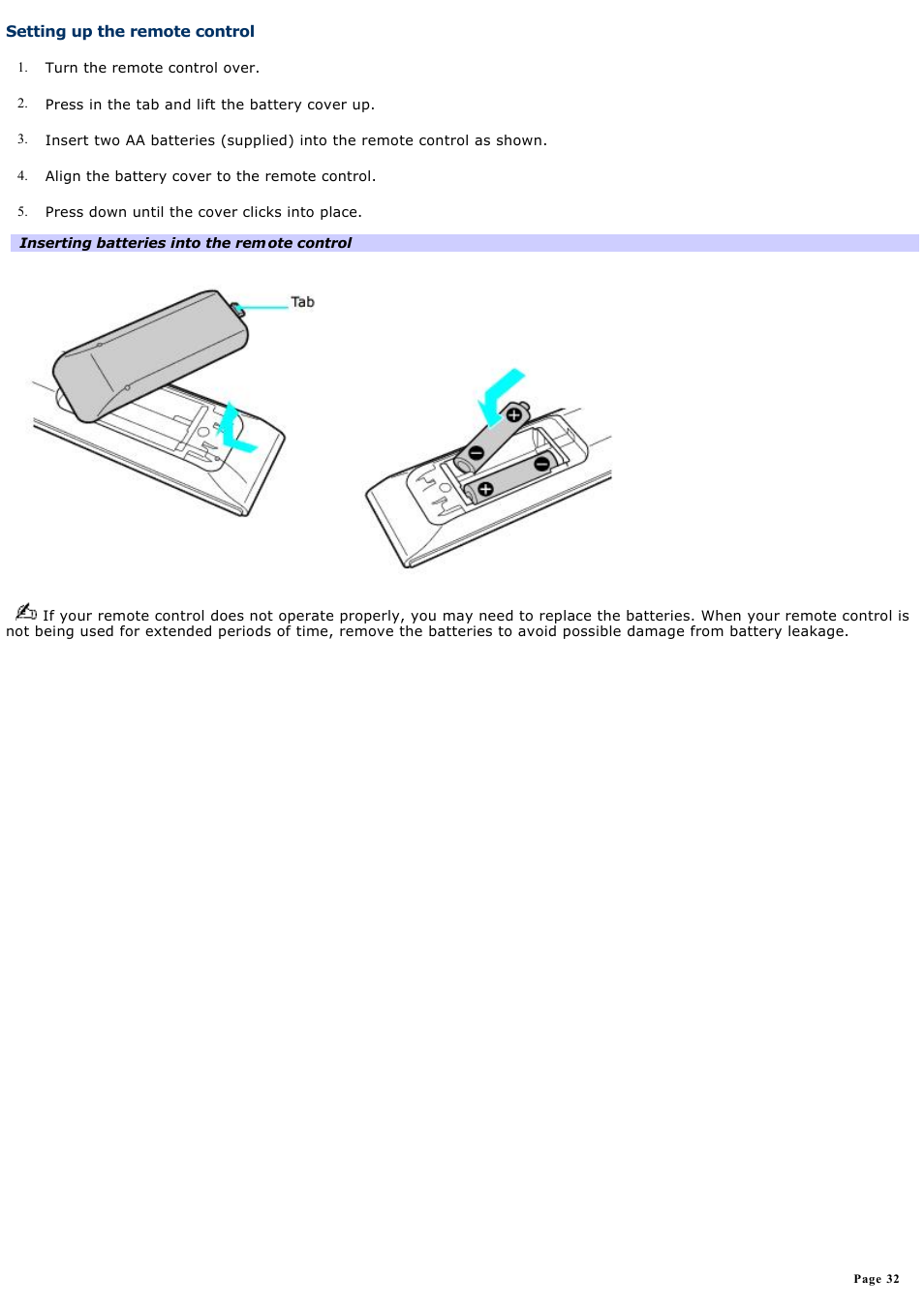 Setting up the remote control | Sony VGCRA830 User Manual | Page 32 / 164