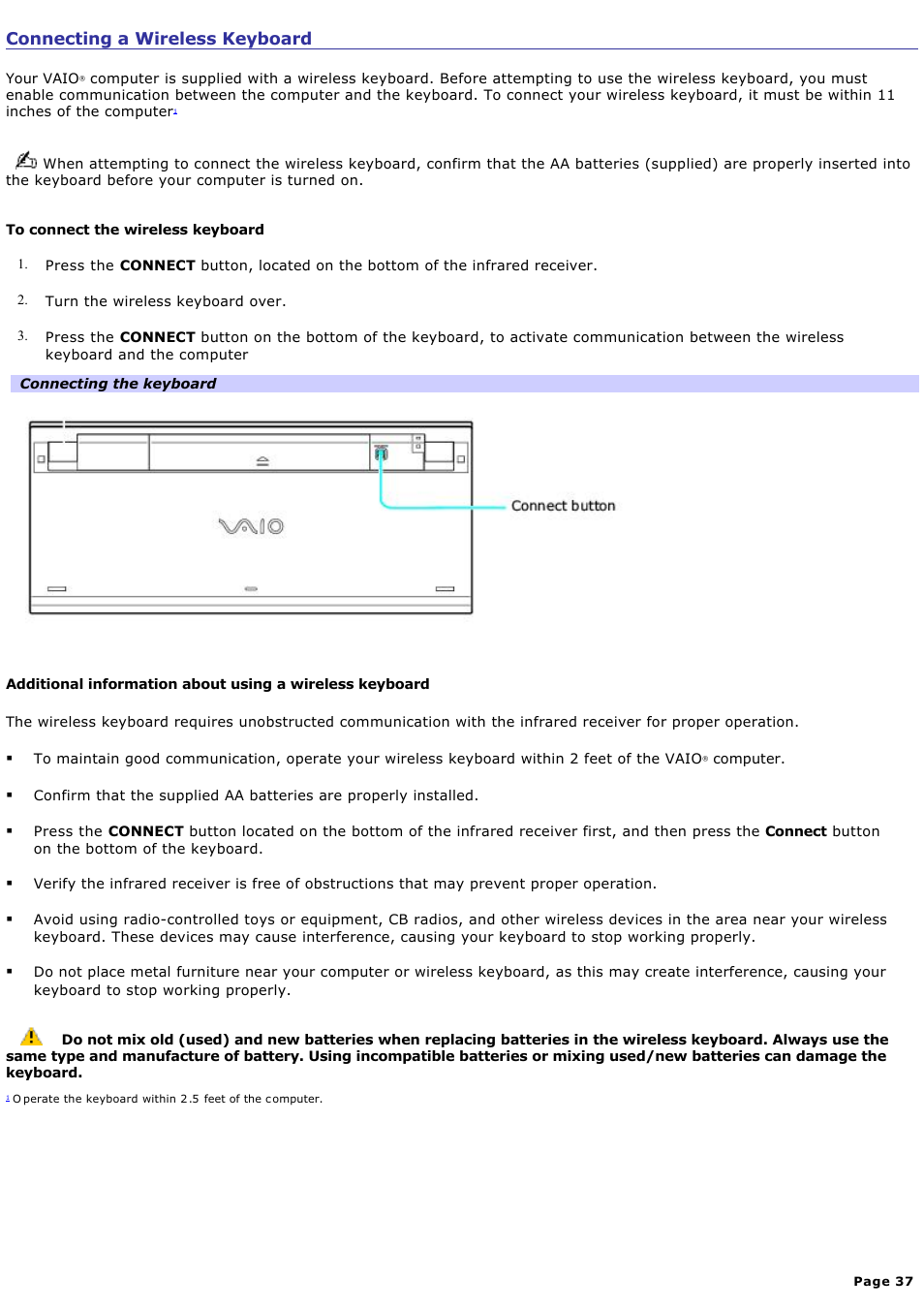 Connecting a wireless keyboard | Sony VGCRA830 User Manual | Page 37 / 164