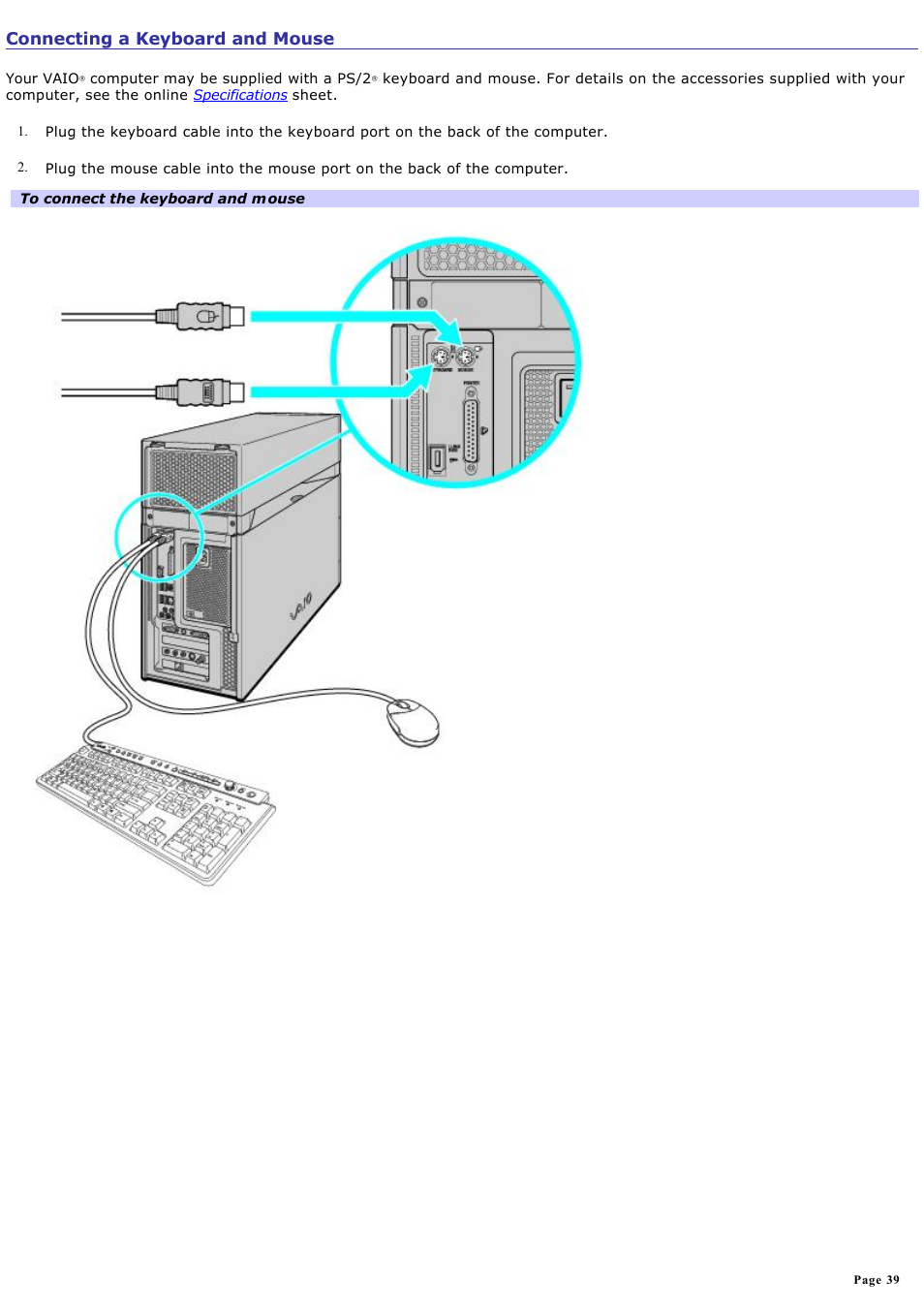 Connecting a keyboard and mouse | Sony VGCRA830 User Manual | Page 39 / 164