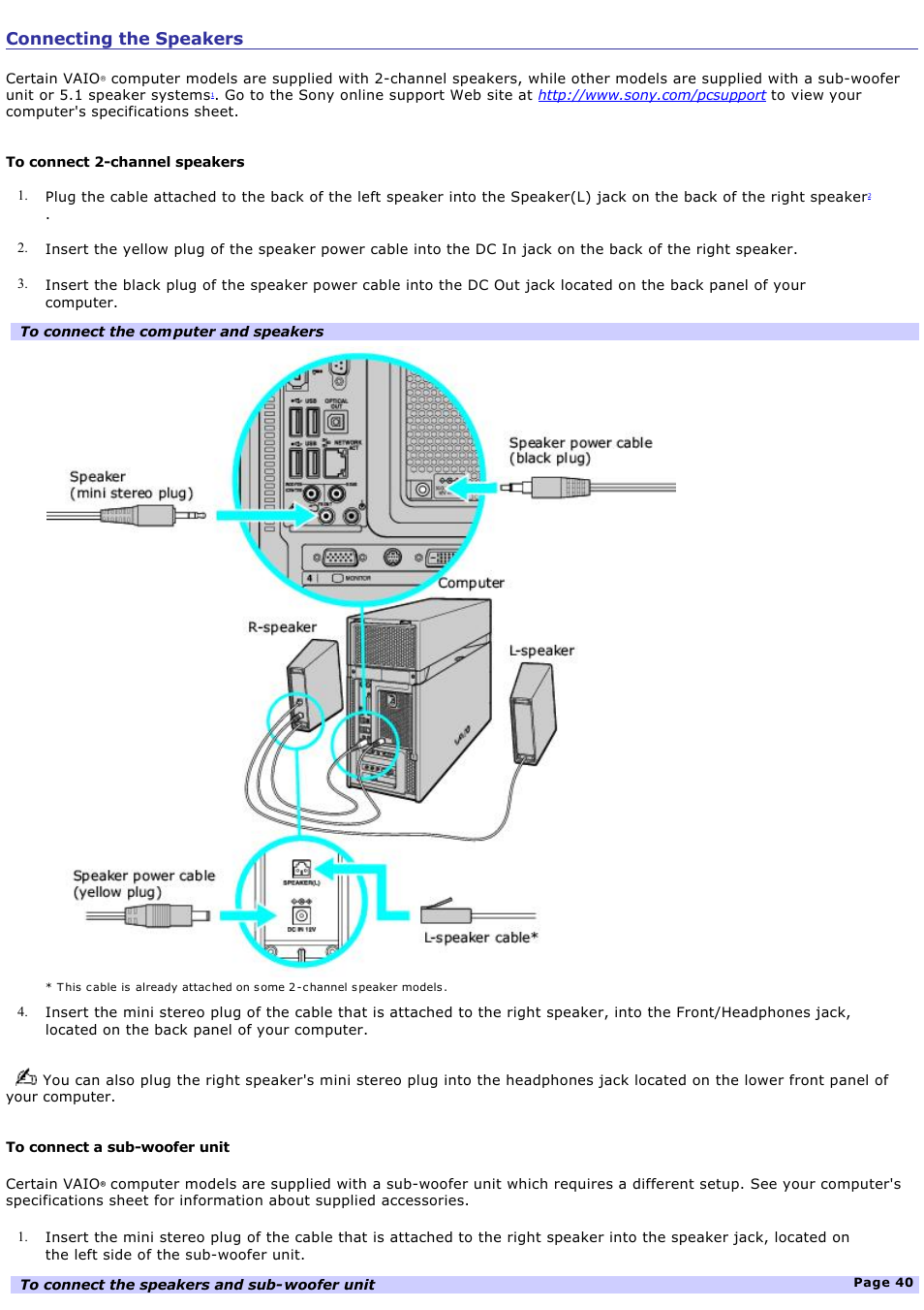 Connecting the speakers | Sony VGCRA830 User Manual | Page 40 / 164