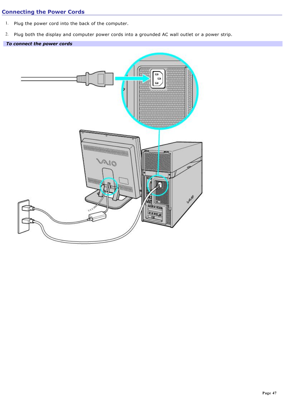 Connecting the power cords | Sony VGCRA830 User Manual | Page 47 / 164