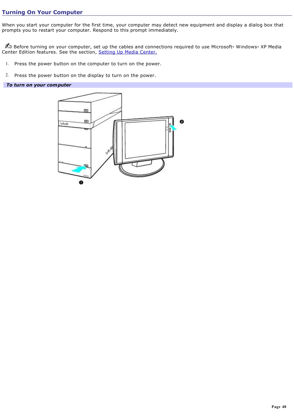 Turning on your computer | Sony VGCRA830 User Manual | Page 48 / 164